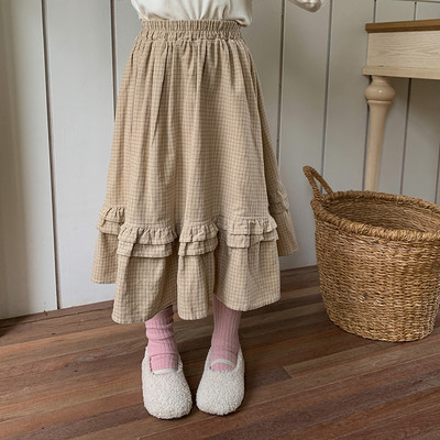 Bērnu apģērbi meiteņu svārki korejiešu stilā, 2023. gada jauni, moderni rudens vidēja garuma rūtaini vienkrāsaini mežģīnes ikdienas vienkārši svārki