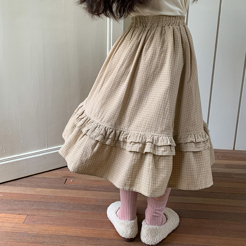 Bērnu apģērbi meiteņu svārki korejiešu stilā, 2023. gada jauni, moderni rudens vidēja garuma rūtaini vienkrāsaini mežģīnes ikdienas vienkārši svārki