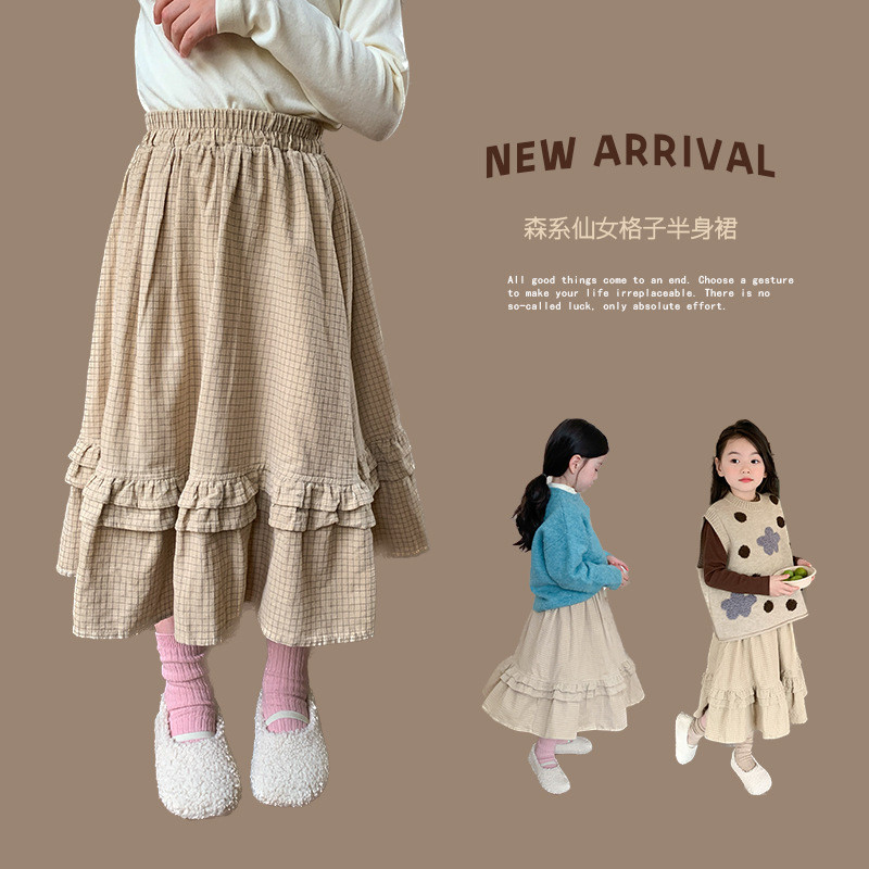 Bērnu apģērbi meiteņu svārki korejiešu stilā, 2023. gada jauni, moderni rudens vidēja garuma rūtaini vienkrāsaini mežģīnes ikdienas vienkārši svārki