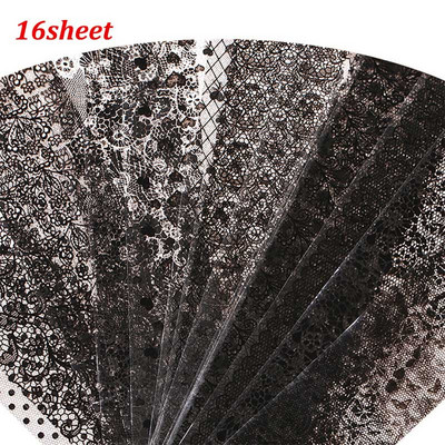 16 listov čierne čipkované kvetinové nálepky na nechty biele hviezdy transferové fólie na nechty lepiace manikúrové nálepky na nechty dizajnérske umelecké dekorácie