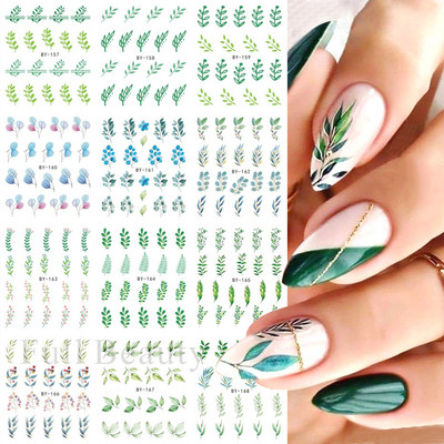 12 komada Green Palms Leaf Water Transfer Naljepnica za nokte Ljetne tropske biljke Naljepnice Vodeni žig Klizač za Nail Art Decoration Savjeti