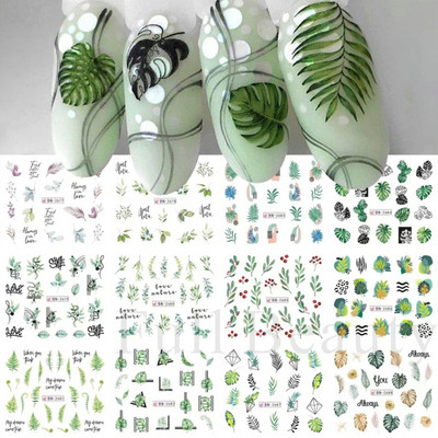 12 komada Green Palms Leaf Water Transfer Naljepnica za nokte Ljetne tropske biljke Naljepnice Vodeni žig Klizač za Nail Art Decoration Savjeti