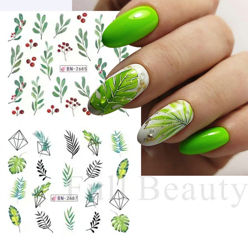 12 komada Green Palms Leaf Water Transfer Naljepnica za nokte Ljetne tropske biljke Naljepnice Vodeni žig Klizač za Nail Art Decoration Savjeti