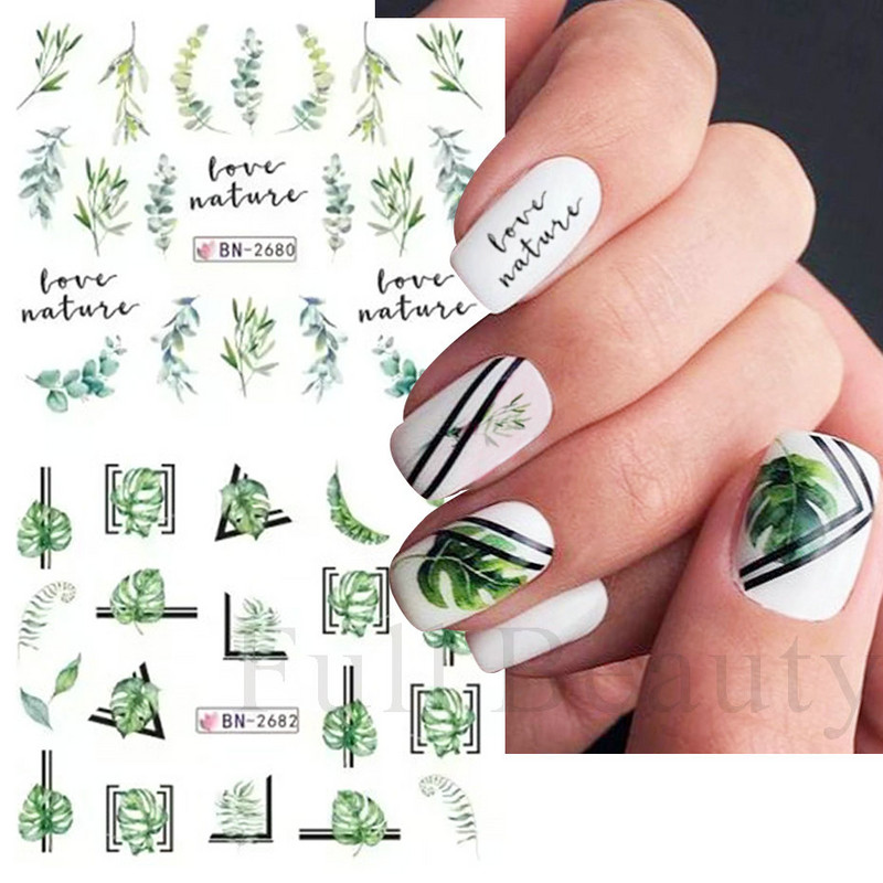 12 komada Green Palms Leaf Water Transfer Naljepnica za nokte Ljetne tropske biljke Naljepnice Vodeni žig Klizač za Nail Art Decoration Savjeti