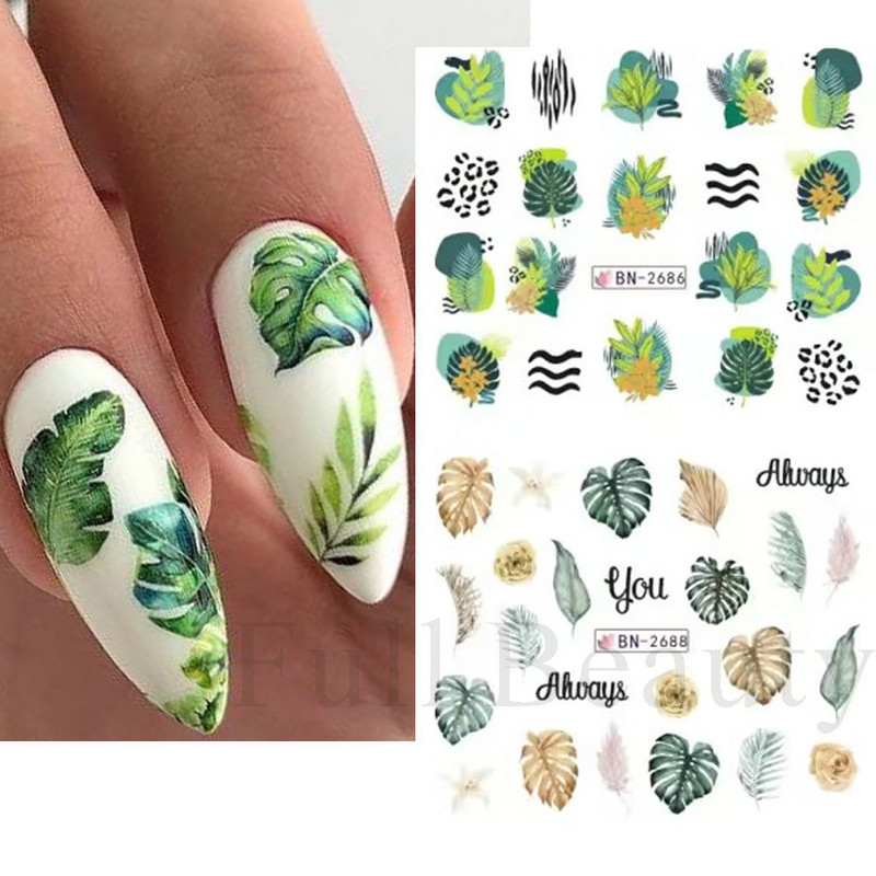 12 komada Green Palms Leaf Water Transfer Naljepnica za nokte Ljetne tropske biljke Naljepnice Vodeni žig Klizač za Nail Art Decoration Savjeti