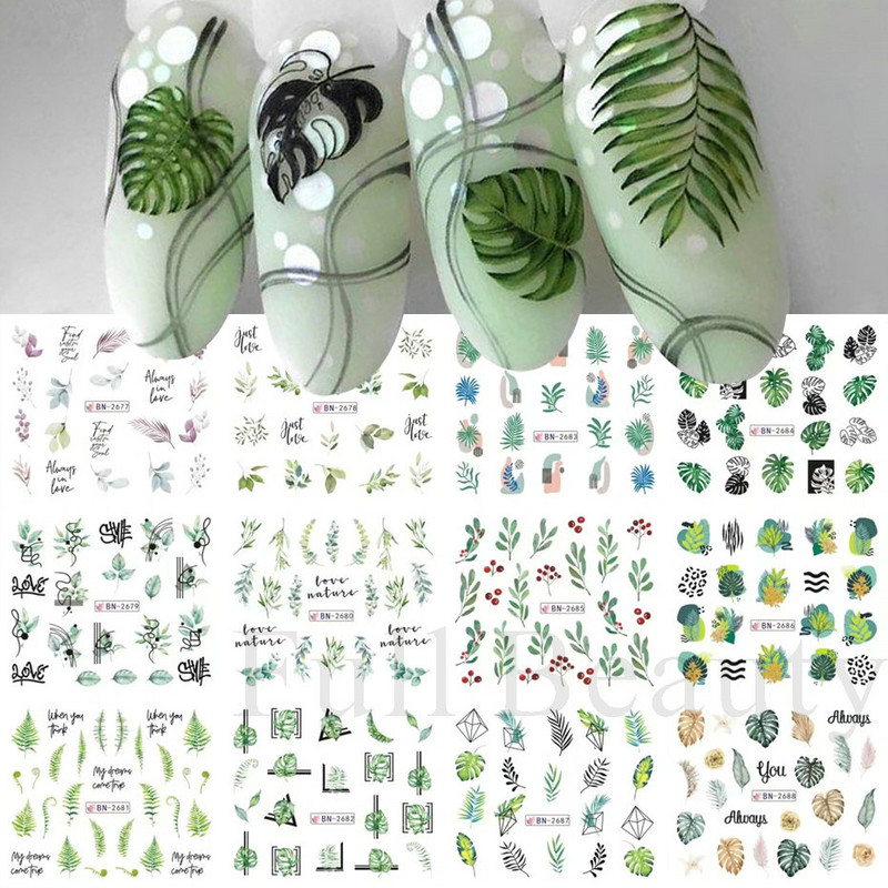 12 komada Green Palms Leaf Water Transfer Naljepnica za nokte Ljetne tropske biljke Naljepnice Vodeni žig Klizač za Nail Art Decoration Savjeti