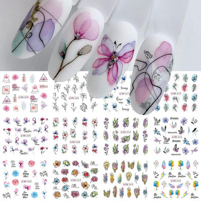 12 gab. Nagu uzlīmju komplekts Summer Water Decal Nail Art Tintes Ziedi Lapas Grafiti slīdnis nagu dekorēšanai Foils Tetovējums
