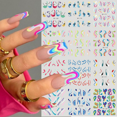 12 gab. Nagu uzlīmju komplekts Summer Water Decal Nail Art Tintes Ziedi Lapas Grafiti slīdnis nagu dekorēšanai Foils Tetovējums