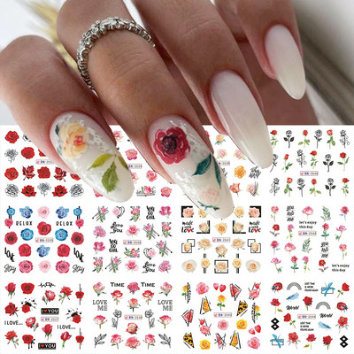 12 gab. Nagu uzlīmju komplekts Summer Water Decal Nail Art Tintes Ziedi Lapas Grafiti slīdnis nagu dekorēšanai Foils Tetovējums