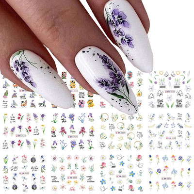 12 gab. Nagu uzlīmju komplekts Summer Water Decal Nail Art Tintes Ziedi Lapas Grafiti slīdnis nagu dekorēšanai Foils Tetovējums