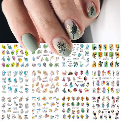 12 gab. Nagu uzlīmju komplekts Summer Water Decal Nail Art Tintes Ziedi Lapas Grafiti slīdnis nagu dekorēšanai Foils Tetovējums