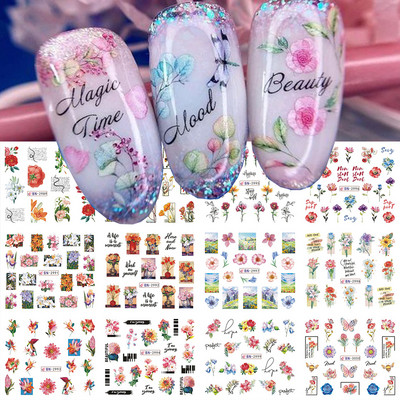 12 gab. Nagu uzlīmju komplekts Summer Water Decal Nail Art Tintes Ziedi Lapas Grafiti slīdnis nagu dekorēšanai Foils Tetovējums