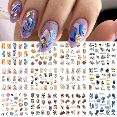 12 gab. Nagu uzlīmju komplekts Summer Water Decal Nail Art Tintes Ziedi Lapas Grafiti slīdnis nagu dekorēšanai Foils Tetovējums