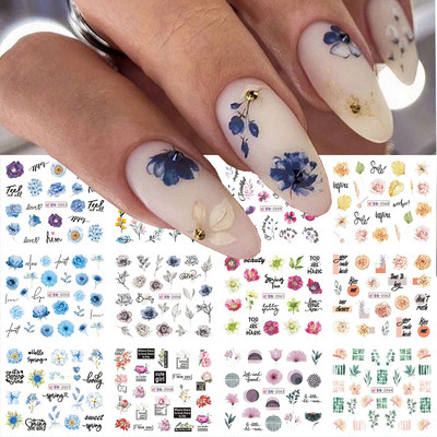 12 gab. Nagu uzlīmju komplekts Summer Water Decal Nail Art Tintes Ziedi Lapas Grafiti slīdnis nagu dekorēšanai Foils Tetovējums