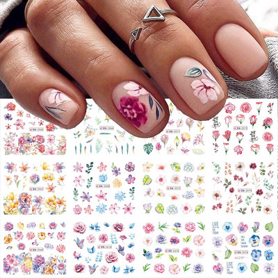 12 gab. Nagu uzlīmju komplekts Summer Water Decal Nail Art Tintes Ziedi Lapas Grafiti slīdnis nagu dekorēšanai Foils Tetovējums
