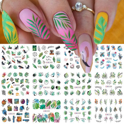 12 gab. Nagu uzlīmju komplekts Summer Water Decal Nail Art Tintes Ziedi Lapas Grafiti slīdnis nagu dekorēšanai Foils Tetovējums