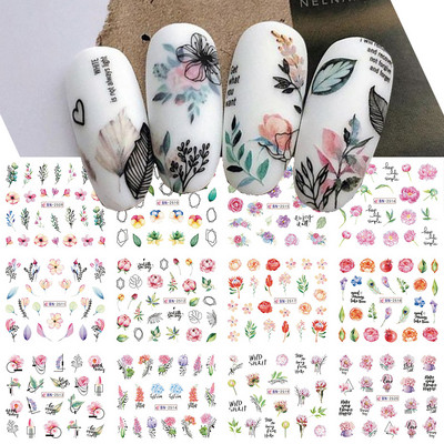 12 gab. Nagu uzlīmju komplekts Summer Water Decal Nail Art Tintes Ziedi Lapas Grafiti slīdnis nagu dekorēšanai Foils Tetovējums
