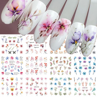 12 gab. Nagu uzlīmju komplekts Summer Water Decal Nail Art Tintes Ziedi Lapas Grafiti slīdnis nagu dekorēšanai Foils Tetovējums