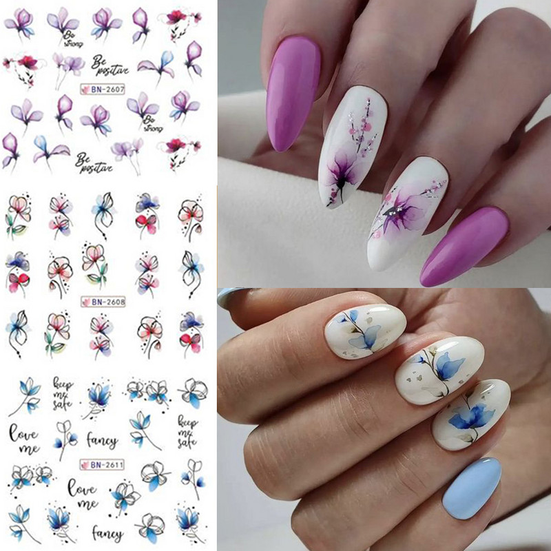 12 gab. Nagu uzlīmju komplekts Summer Water Decal Nail Art Tintes Ziedi Lapas Grafiti slīdnis nagu dekorēšanai Foils Tetovējums
