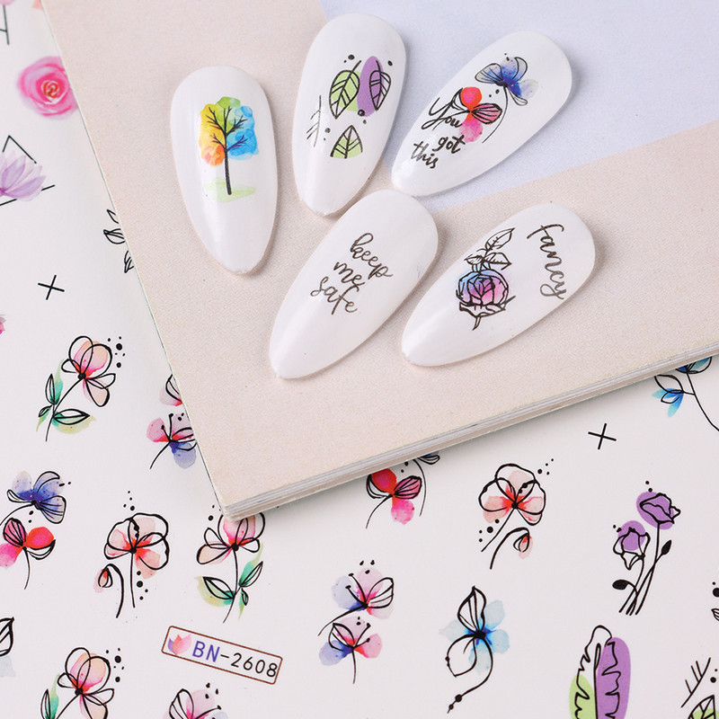 12 gab. Nagu uzlīmju komplekts Summer Water Decal Nail Art Tintes Ziedi Lapas Grafiti slīdnis nagu dekorēšanai Foils Tetovējums