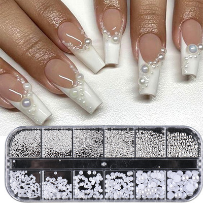 Bijeli biseri Nail Art Rhinestones Poluokrugle perle mješovite veličine Poluokrugle pljosnate perle za DIY ukrase Nail Bead Stones