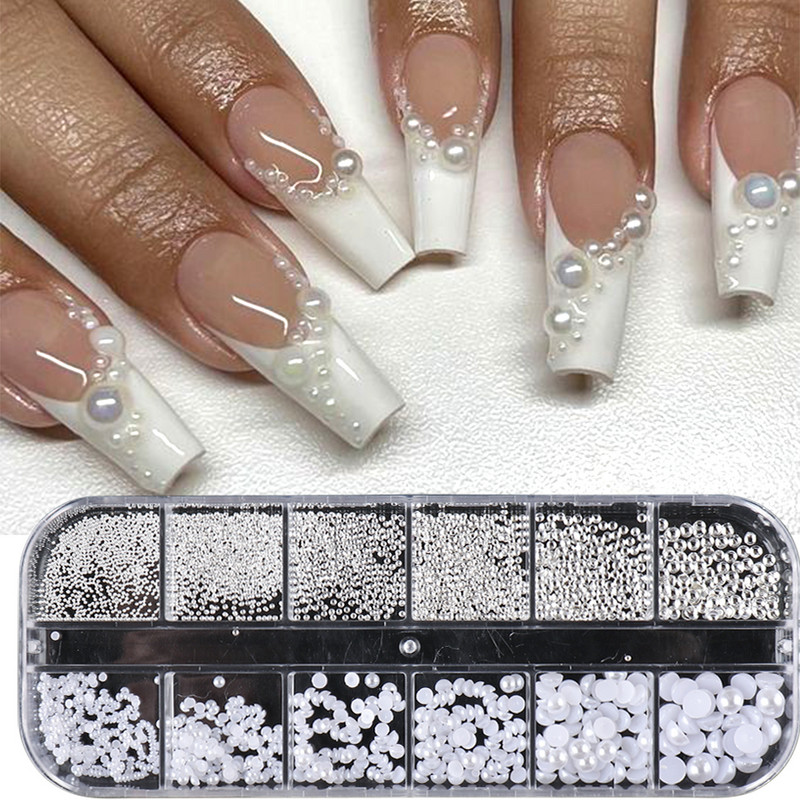 Bijeli biseri Nail Art Rhinestones Poluokrugle perle mješovite veličine Poluokrugle pljosnate perle za DIY ukrase Nail Bead Stones