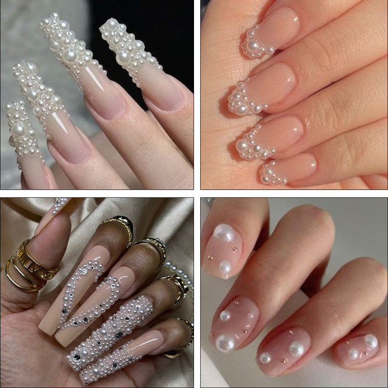 Bijeli biseri Nail Art Rhinestones Poluokrugle perle mješovite veličine Poluokrugle pljosnate perle za DIY ukrase Nail Bead Stones
