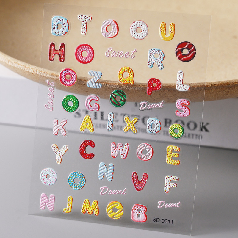 1PC 5D Macaron ziedu/augļu nagu piekariņi uzlīme ar reljefu lāča/zaķa/burtu nagiem slīdņa uzlīmes Vasaras līmējošā manikīra dekors&Y