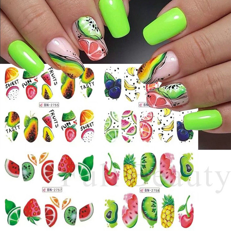 Nail Art Fruit Water Transfer Naljepnica Ljetna lubenica Avokado Slider za nokte Limun Apstraktni dizajn linija Dekor naljepnica za manikuru