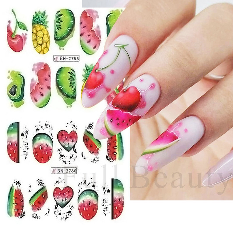 Nail Art Fruit Water Transfer Naljepnica Ljetna lubenica Avokado Slider za nokte Limun Apstraktni dizajn linija Dekor naljepnica za manikuru