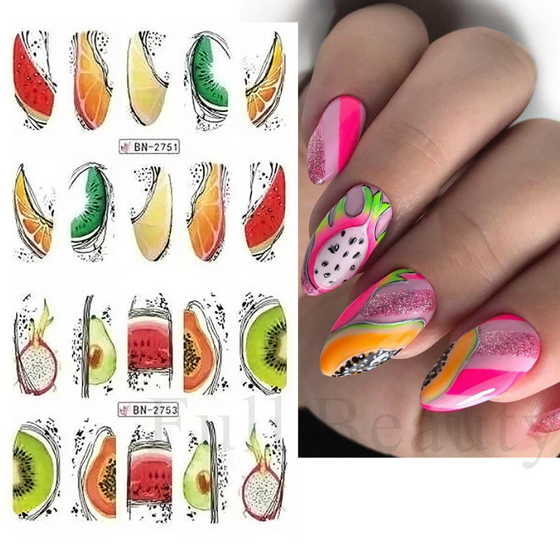 Nail Art Fruit Water Transfer Naljepnica Ljetna lubenica Avokado Slider za nokte Limun Apstraktni dizajn linija Dekor naljepnica za manikuru