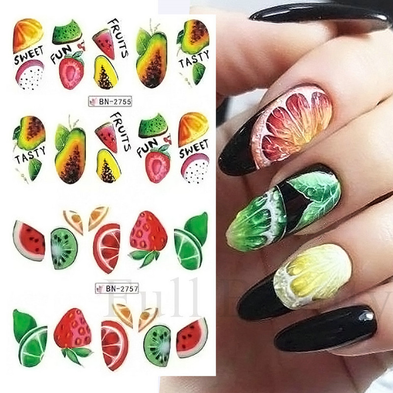 Nail Art Fruit Water Transfer Naljepnica Ljetna lubenica Avokado Slider za nokte Limun Apstraktni dizajn linija Dekor naljepnica za manikuru