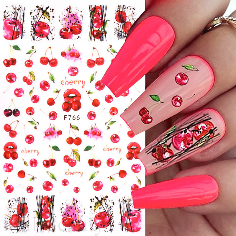 3D citrona augļu nagu uzlīme ķiršu radoša augļu nagu māksla Jauki pašlīmējoši slīdņi vasaras maisījuma dizains manikīra dekorēšanai