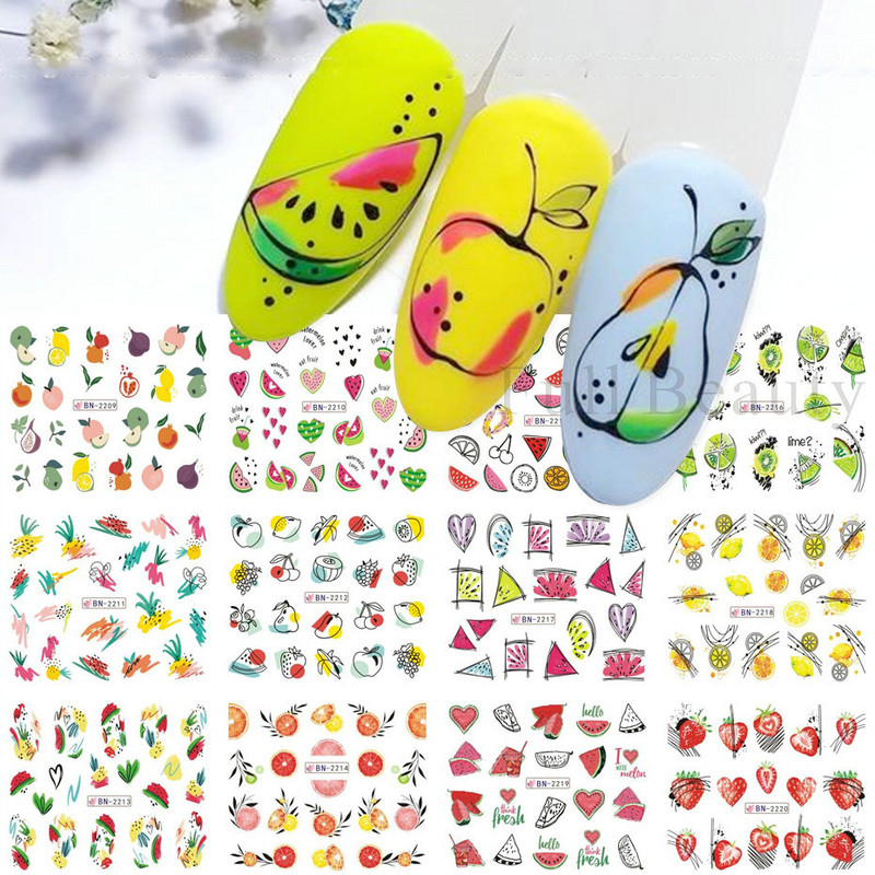 12 vnt. citrinų vasaros nagų lipdukų rinkinys mišrių vaisių dizaino arbūzų apelsinų persikų slankikliai vandens lipdukai Dekoracija FBBN2581-259