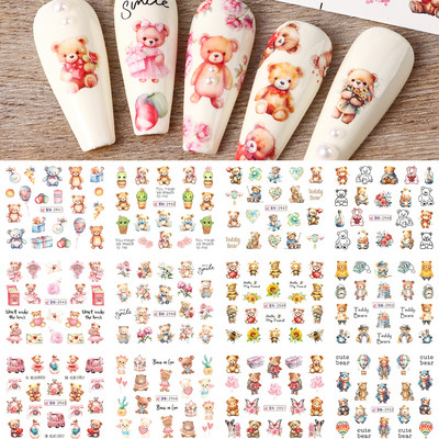 12 vnt Mažo meškiuko nagų lipdukų rinkinys Mielas meškiukas Anime Vandens perkėlimo lipdukai Slankikliai Gėlė Drugelis Manikiūras Dekoracija