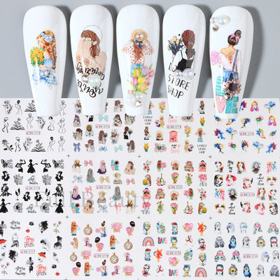 12 vnt Mažo meškiuko nagų lipdukų rinkinys Mielas meškiukas Anime Vandens perkėlimo lipdukai Slankikliai Gėlė Drugelis Manikiūras Dekoracija