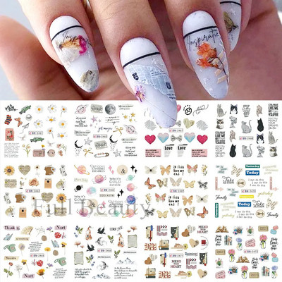 12 vnt Mažo meškiuko nagų lipdukų rinkinys Mielas meškiukas Anime Vandens perkėlimo lipdukai Slankikliai Gėlė Drugelis Manikiūras Dekoracija