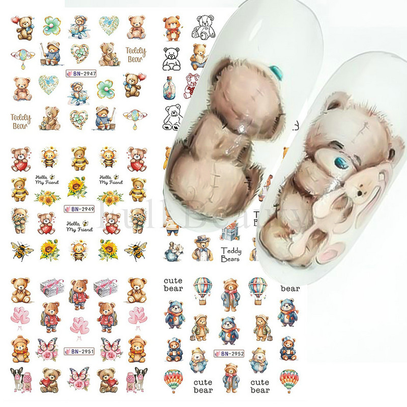 12 vnt Mažo meškiuko nagų lipdukų rinkinys Mielas meškiukas Anime Vandens perkėlimo lipdukai Slankikliai Gėlė Drugelis Manikiūras Dekoracija