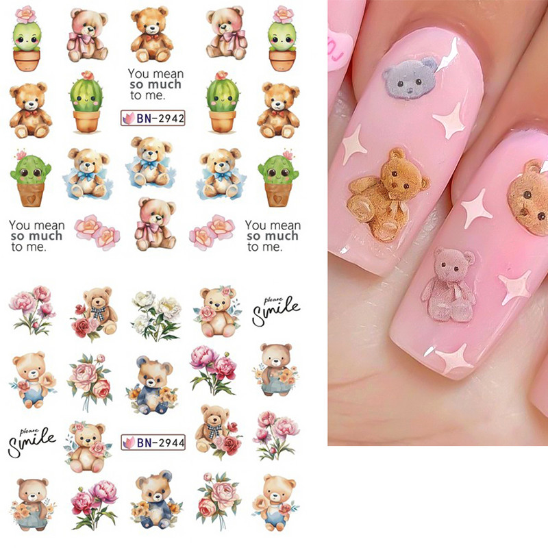 12 vnt Mažo meškiuko nagų lipdukų rinkinys Mielas meškiukas Anime Vandens perkėlimo lipdukai Slankikliai Gėlė Drugelis Manikiūras Dekoracija
