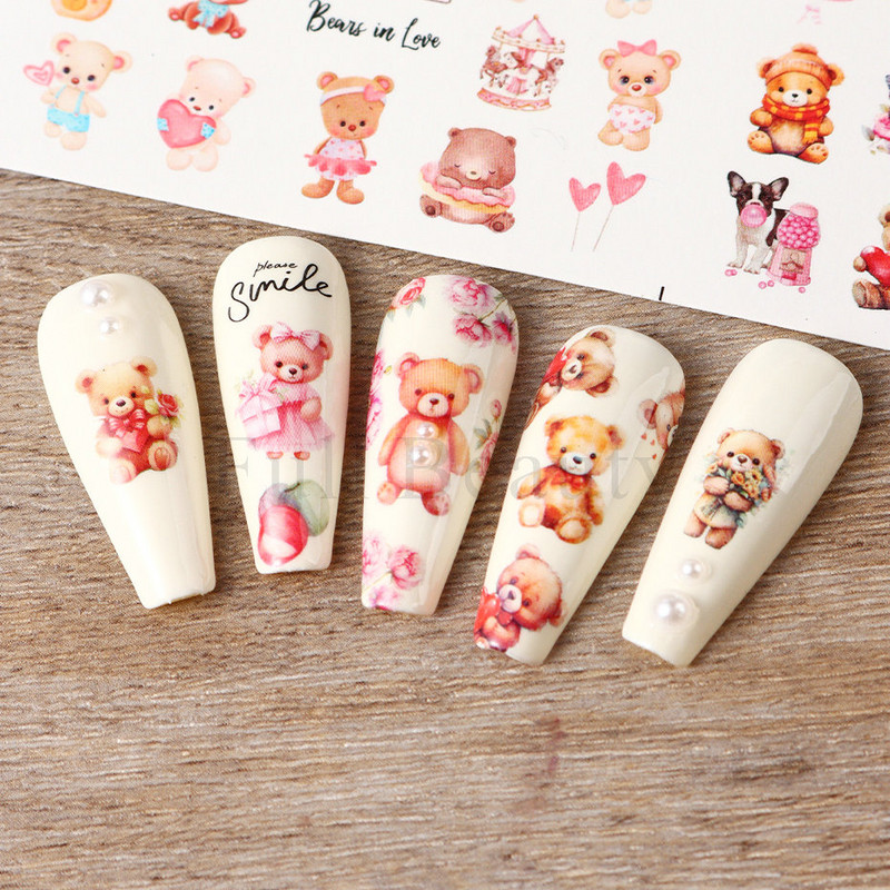 12 vnt Mažo meškiuko nagų lipdukų rinkinys Mielas meškiukas Anime Vandens perkėlimo lipdukai Slankikliai Gėlė Drugelis Manikiūras Dekoracija