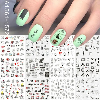 12 komada Crno lišće Slovo Naljepnice za nokte Naljepnice za prijenos vode Ljubičasti cvijet Čipkasti klizači Ukrasi Folije za manikuru LABN