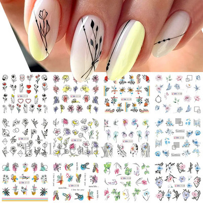 12gb Melns Zieds Lapu Burts Ūdens Uzlīmes Uzlīmes Nagām Mežģīnes ģeometriskas līnijas Sieviešu sejas slīdnis Ūdenszīmes Manikīra dekors