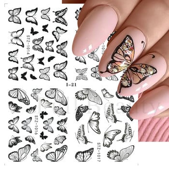 4 PC/Sheet Spring Black Leaf Flower Water Decals Simple Nail Decor Sticker Butterfly Green Palm Design Nail Art Watermark LAI-24