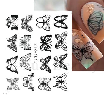 4 PC/Sheet Spring Black Leaf Flower Water Decals Simple Nail Decor Sticker Butterfly Green Palm Design Nail Art Watermark LAI-24