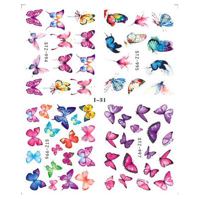 4 kompiuteriai / lakštai pavasario juodos lapinės gėlės vandens lipdukai Paprasti nagų dekoravimo lipdukai Drugelis žalia palmių dizaino nagų dailės vandens ženklas LAI-24