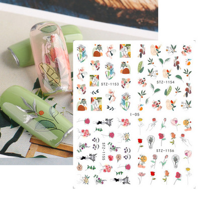 4 kompiuteriai / lakštai pavasario juodos lapinės gėlės vandens lipdukai Paprasti nagų dekoravimo lipdukai Drugelis žalia palmių dizaino nagų dailės vandens ženklas LAI-24