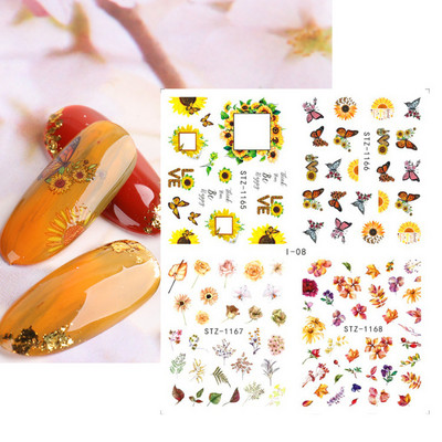 4 kompiuteriai / lakštai pavasario juodos lapinės gėlės vandens lipdukai Paprasti nagų dekoravimo lipdukai Drugelis žalia palmių dizaino nagų dailės vandens ženklas LAI-24