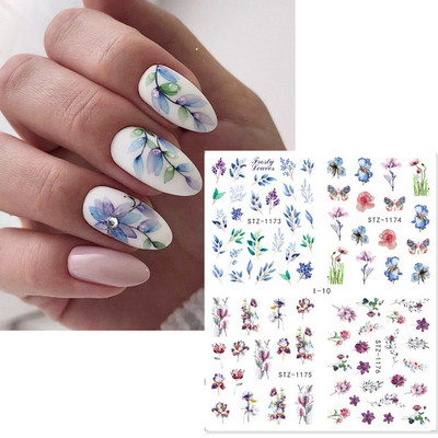 4 kompiuteriai / lakštai pavasario juodos lapinės gėlės vandens lipdukai Paprasti nagų dekoravimo lipdukai Drugelis žalia palmių dizaino nagų dailės vandens ženklas LAI-24