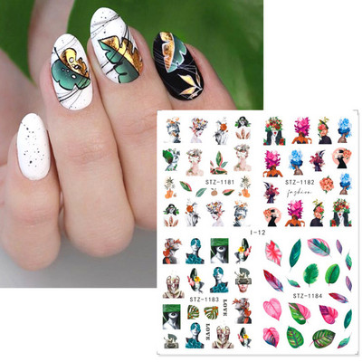 4 kompiuteriai / lakštai pavasario juodos lapinės gėlės vandens lipdukai Paprasti nagų dekoravimo lipdukai Drugelis žalia palmių dizaino nagų dailės vandens ženklas LAI-24