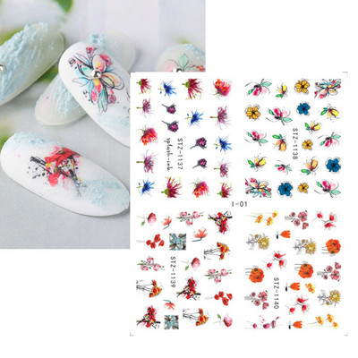 4 kompiuteriai / lakštai pavasario juodos lapinės gėlės vandens lipdukai Paprasti nagų dekoravimo lipdukai Drugelis žalia palmių dizaino nagų dailės vandens ženklas LAI-24